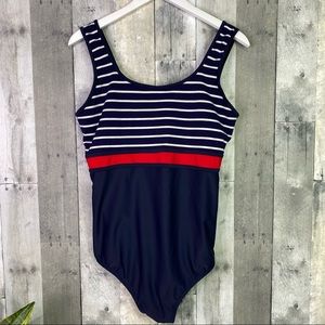 AVENUE Navy Striped One Piece Swimsuit Red Detail Size 16